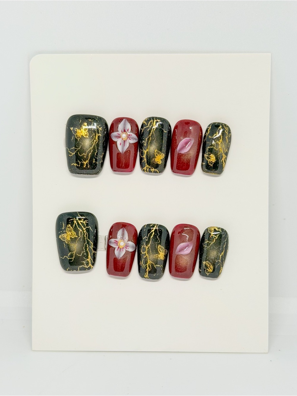 Handcrafted Red & Black Floral Marble Press-On Nail Set